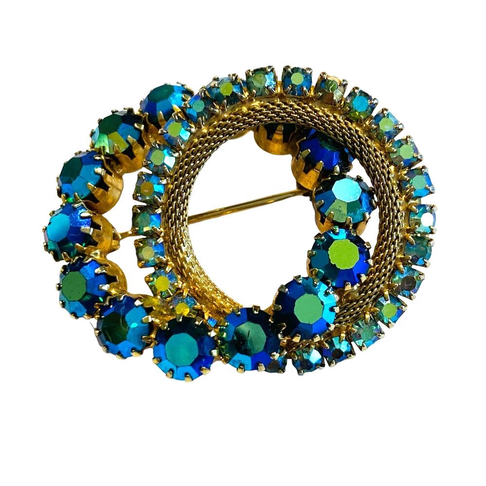 Vintage Mid Century Brooch Goldtone Mesh & Blue AB Rhinestones Infinity Circles